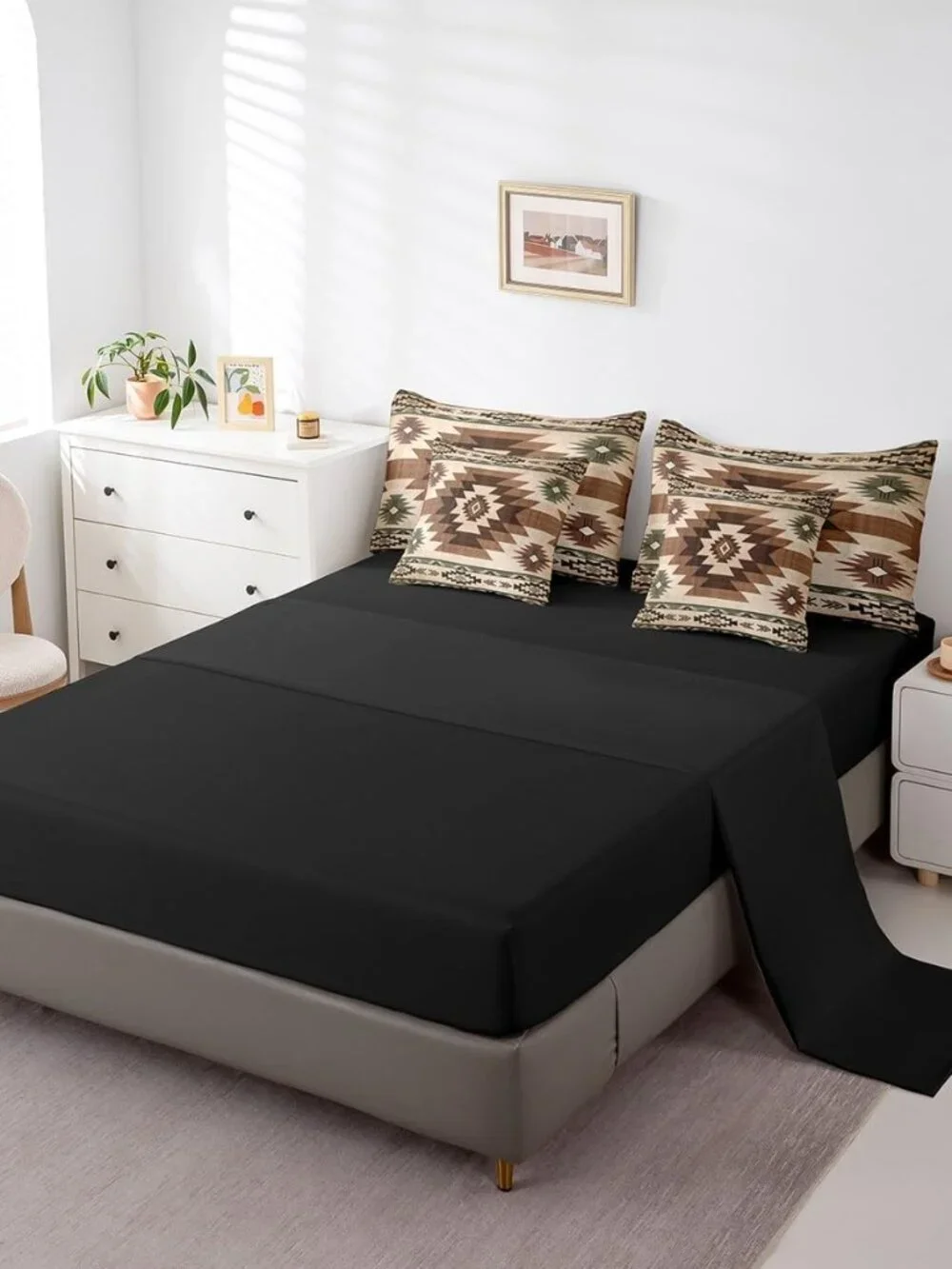 7 Pcs Bohemian Tribal King Bedding Set Wooden Retro Grid Stripes Rustic Comforte